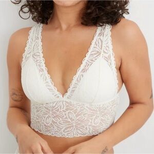 Aerie Firework Lace Padded Plunge Longline Bralette Size Medium NWT Cream